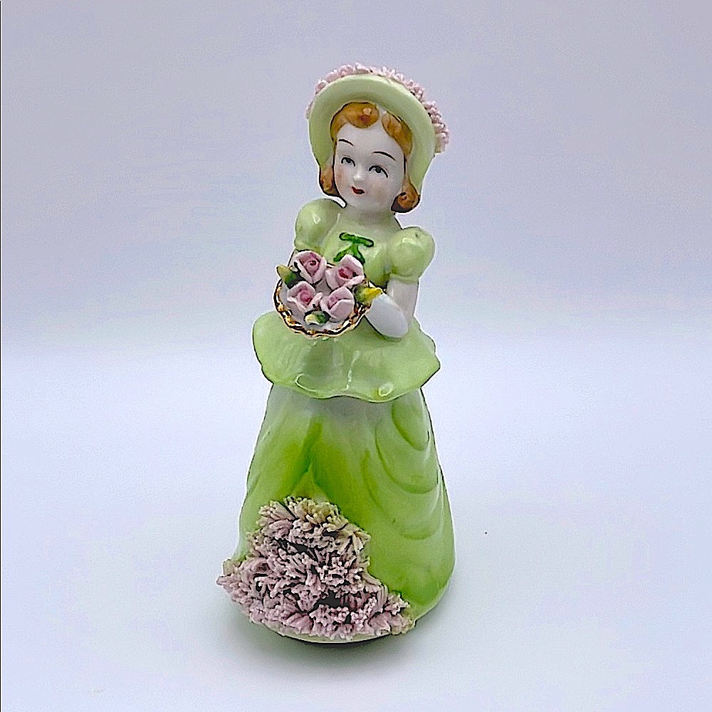 Vintage, Lenwile Ardalt, Hand Painted Southern Bell,  Green Lady with Flowers